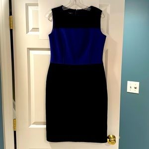 Black and indigo, wool/nylon, sleeveless Talbots sheath colorblock dress.